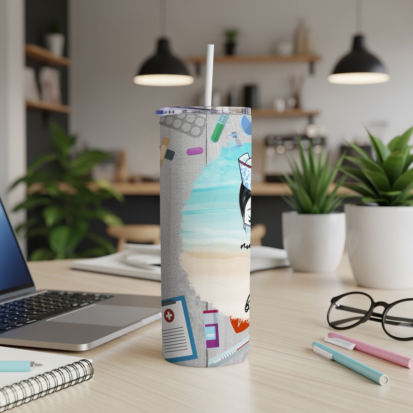 Nurse tumbler with medical icons and a woman in scrubs.