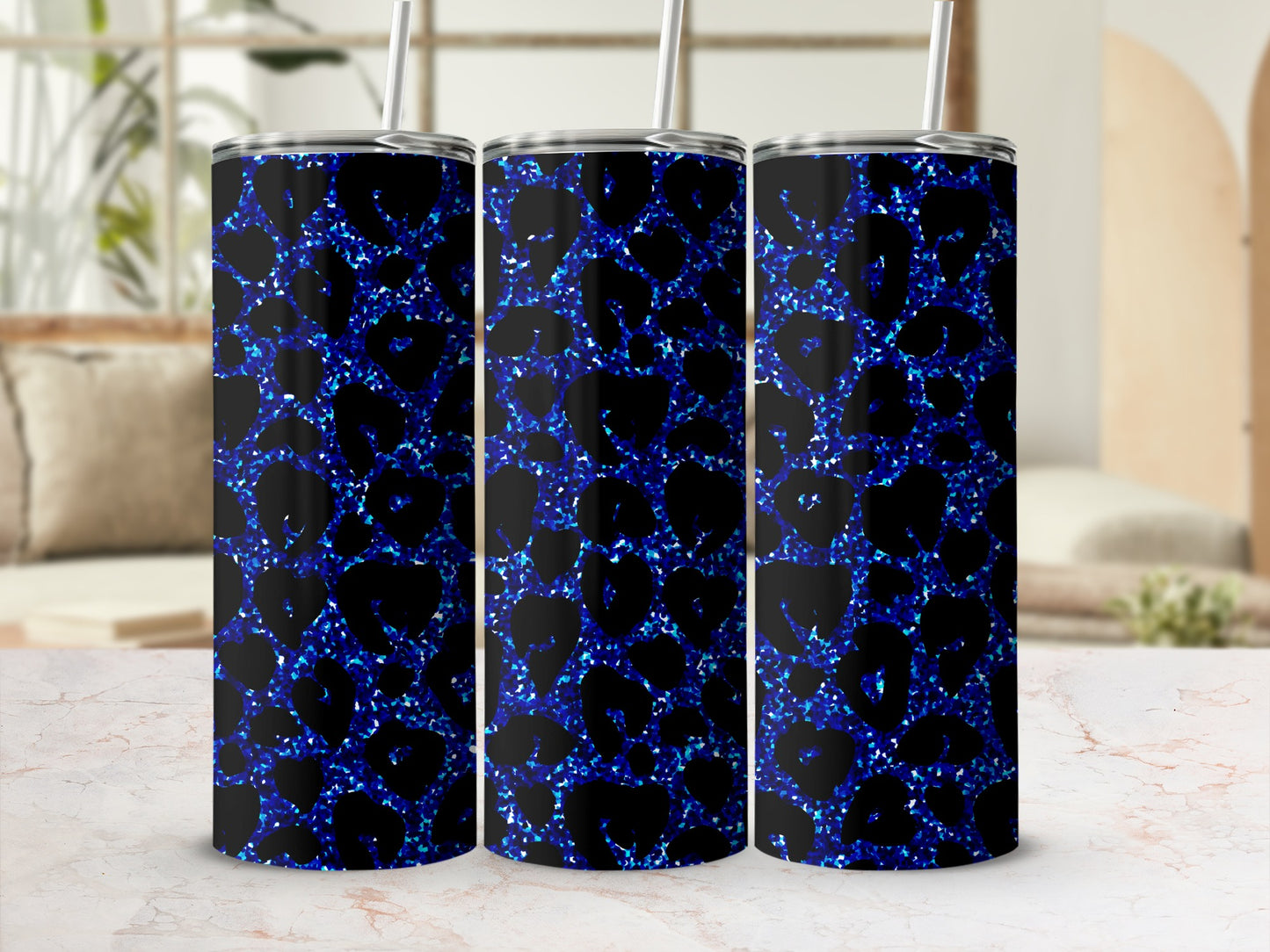 Blue and Black Glitter Leopard Print Tumbler Design