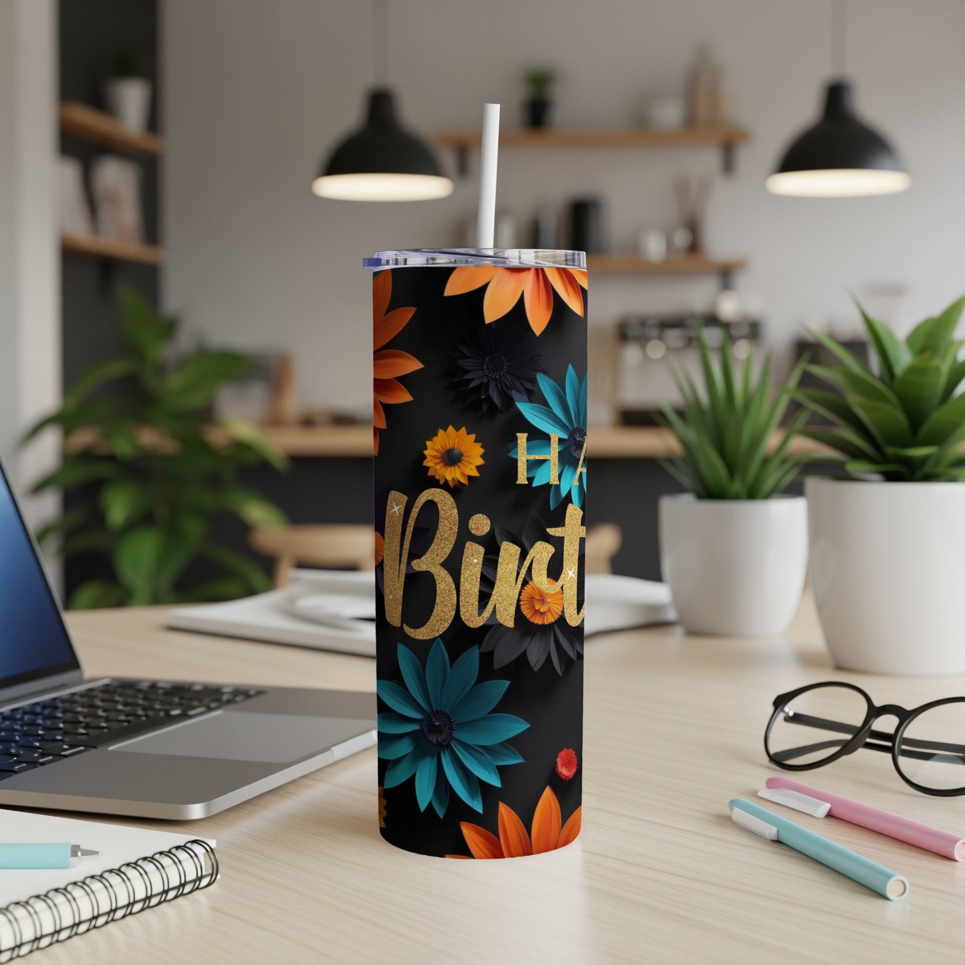 Black tumbler with "Happy Birthday" text and floral accents.