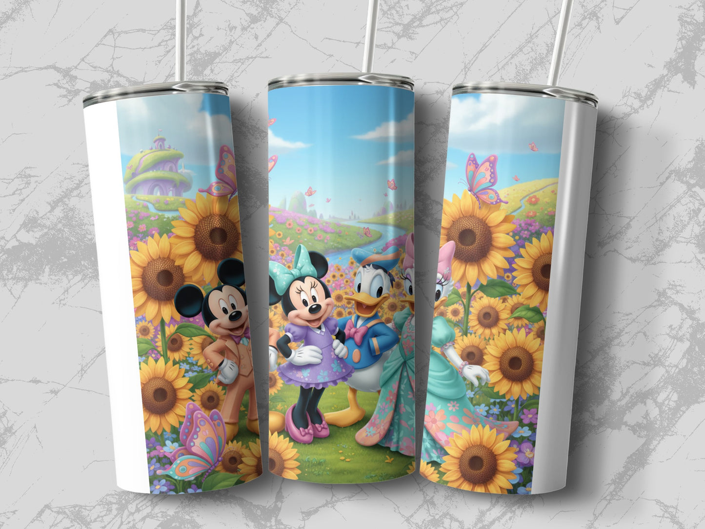 Disney Characters in Sunflower Field Tumbler