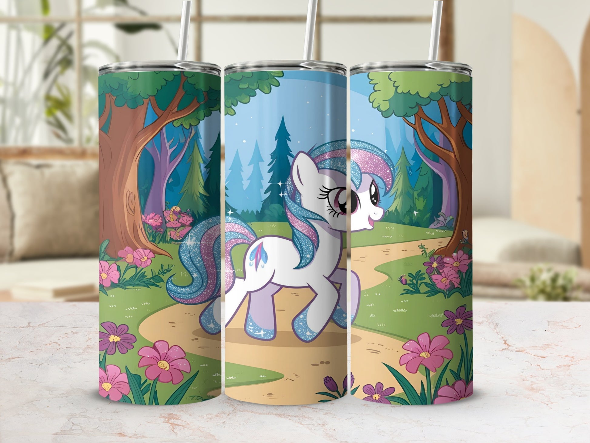 Unicorn on a forest path with flowers and trees.