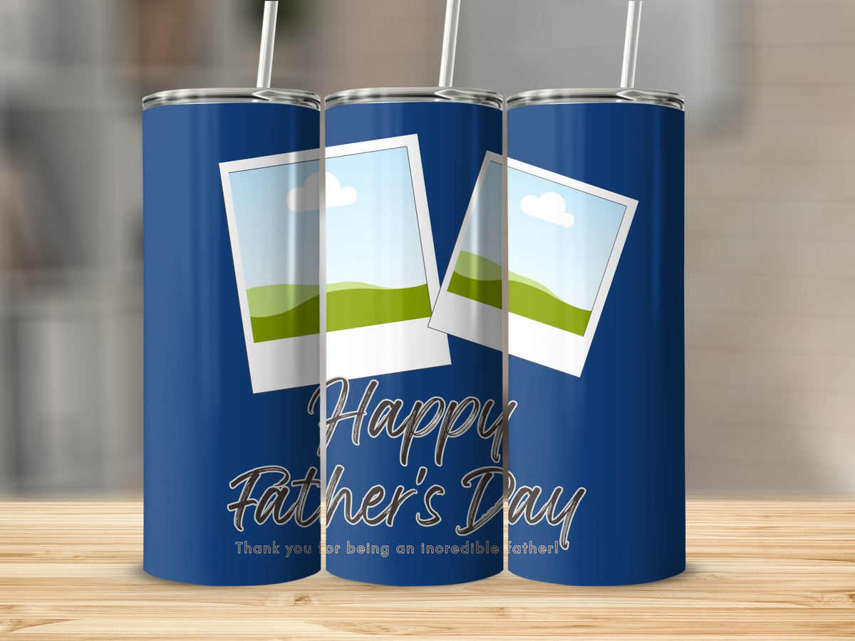 Blue tumbler with "Happy Father's Day" text and two photo placeholders.