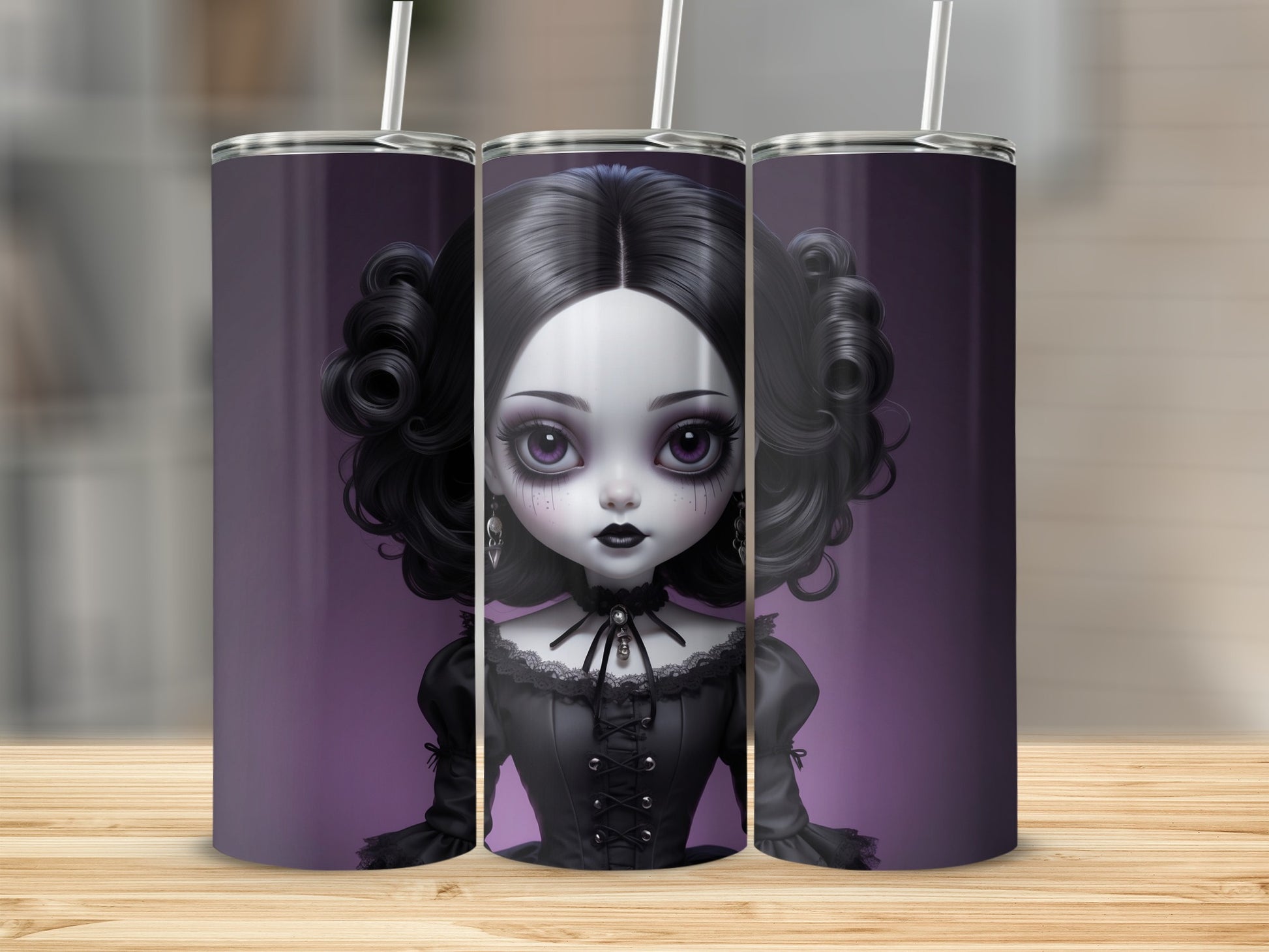 Gothic doll with dark hair and purple eyes on a tumbler.