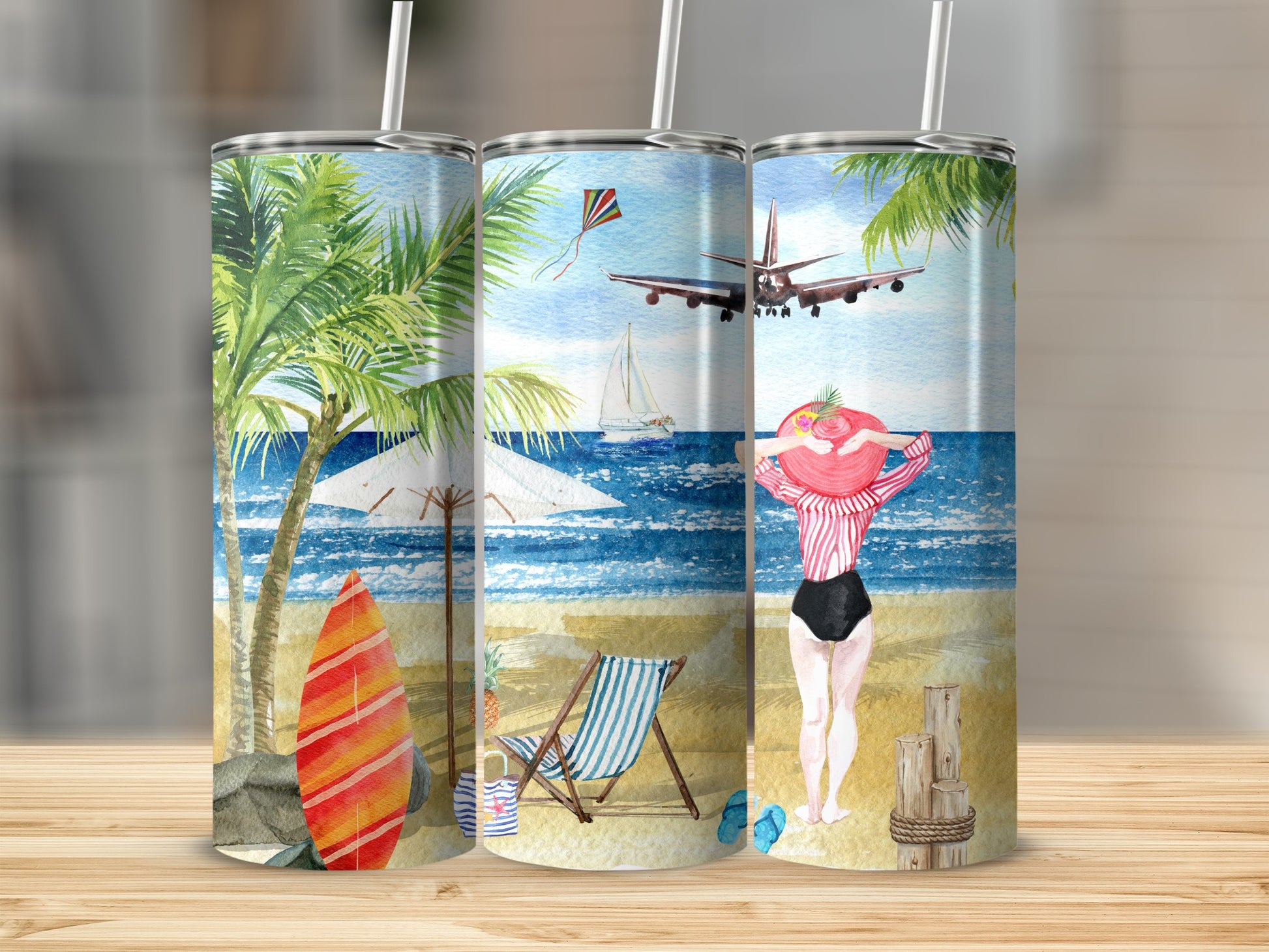 Beach scene with palm trees, surfboard, sailboat, and person in hat.