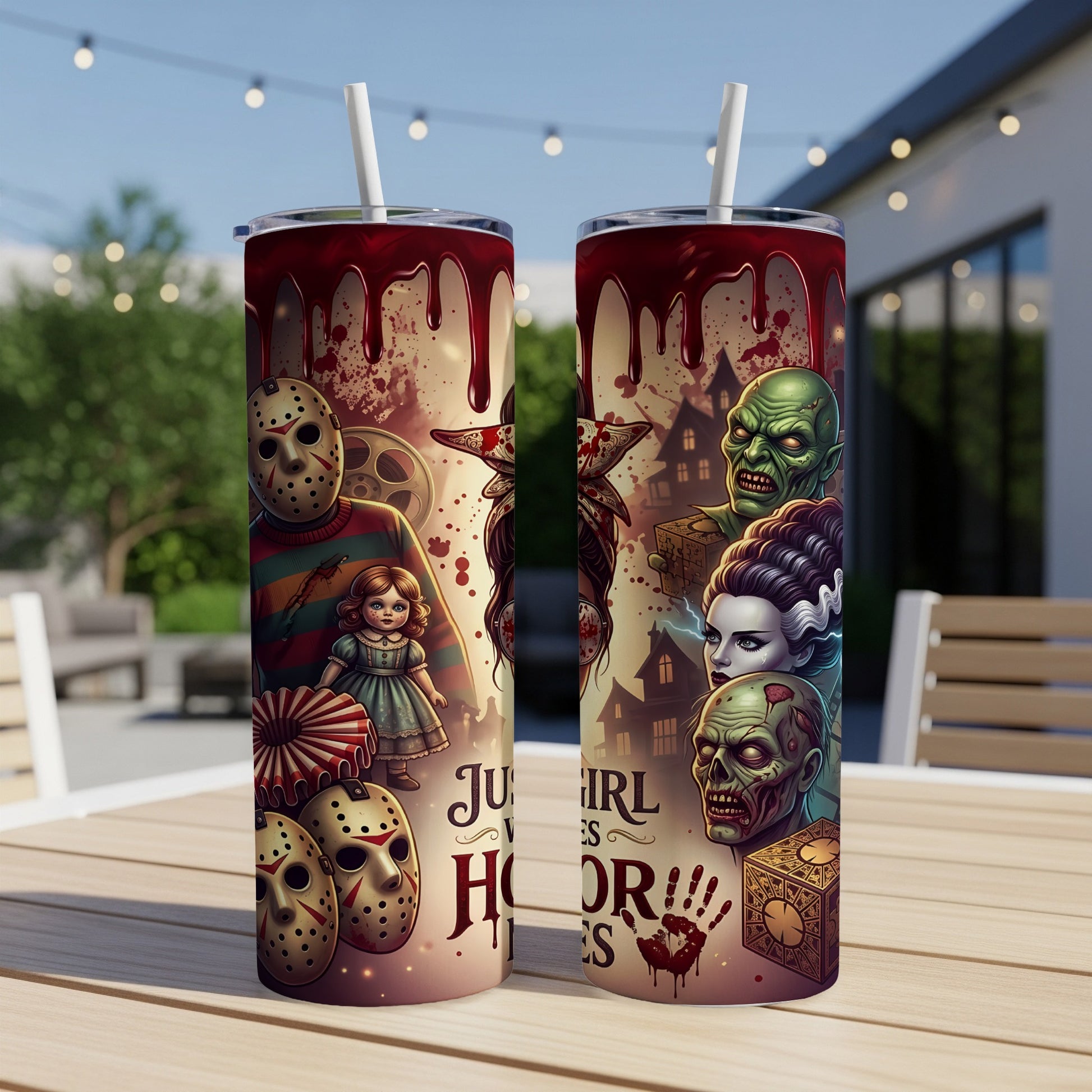 Tumblers with horror movie characters, blood drips, and text that reads "Just A Girl Who Loves Horror."