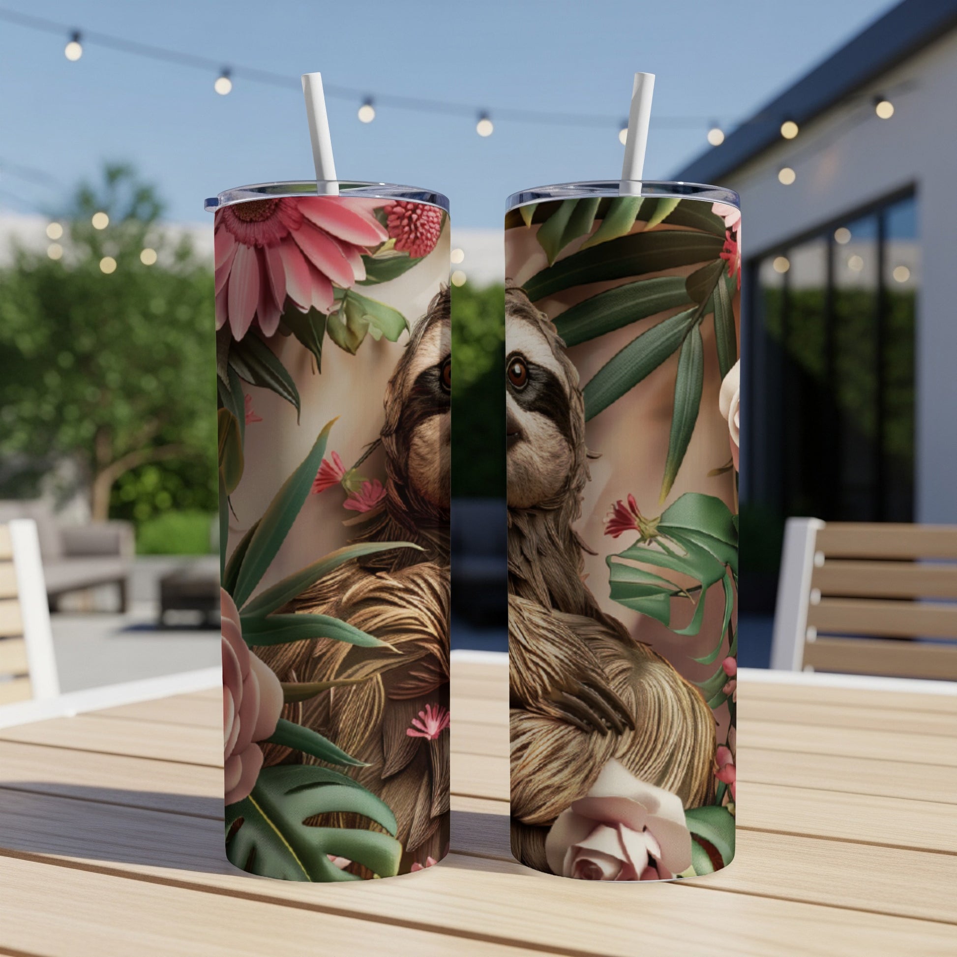 Sloth face with tropical flowers and leaves on two tumblers.