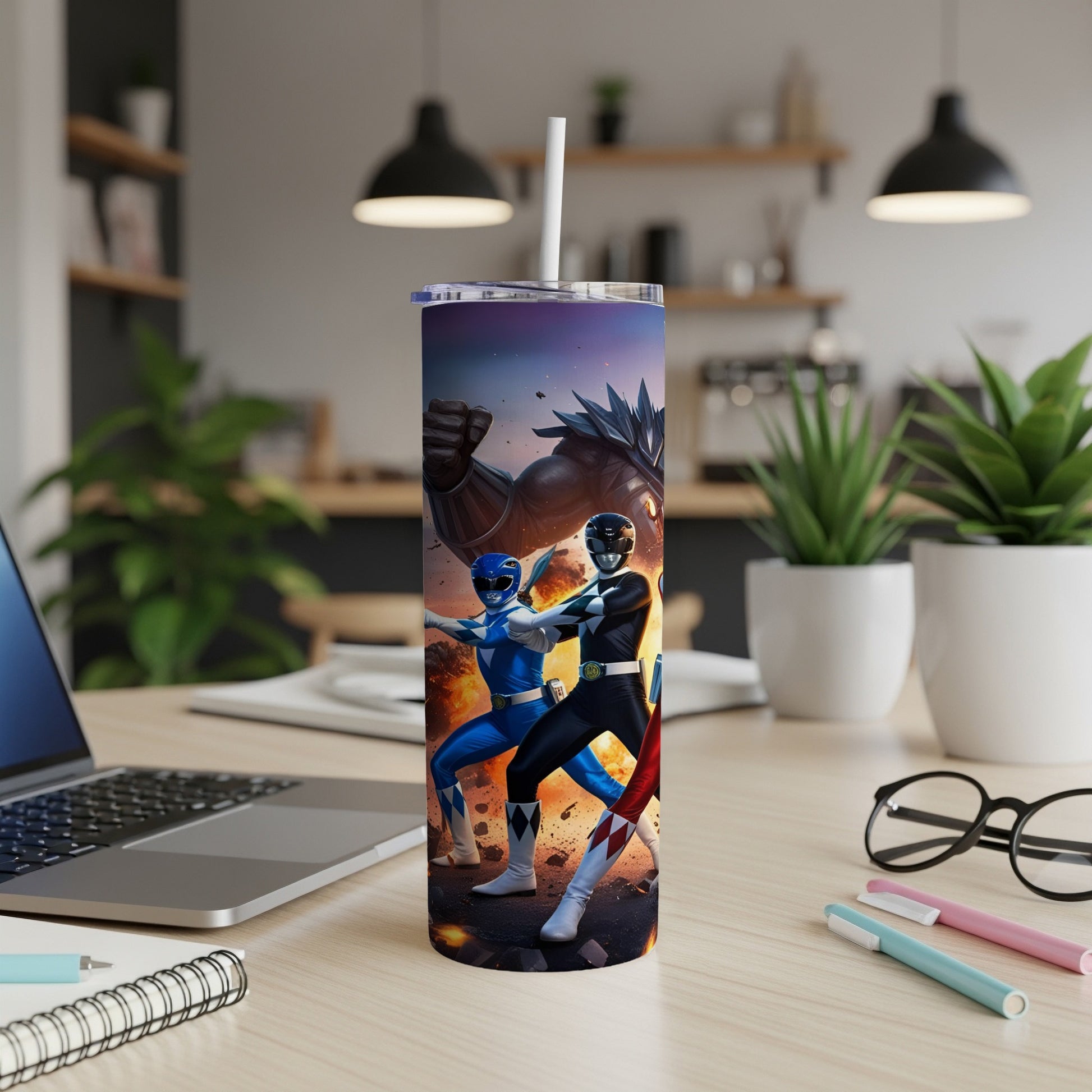 Mighty Morphin Power Rangers characters on a tumbler with a straw.