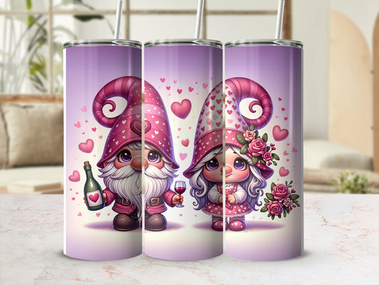 Two gnomes, one male with wine, and one female with flowers, on a pink background.