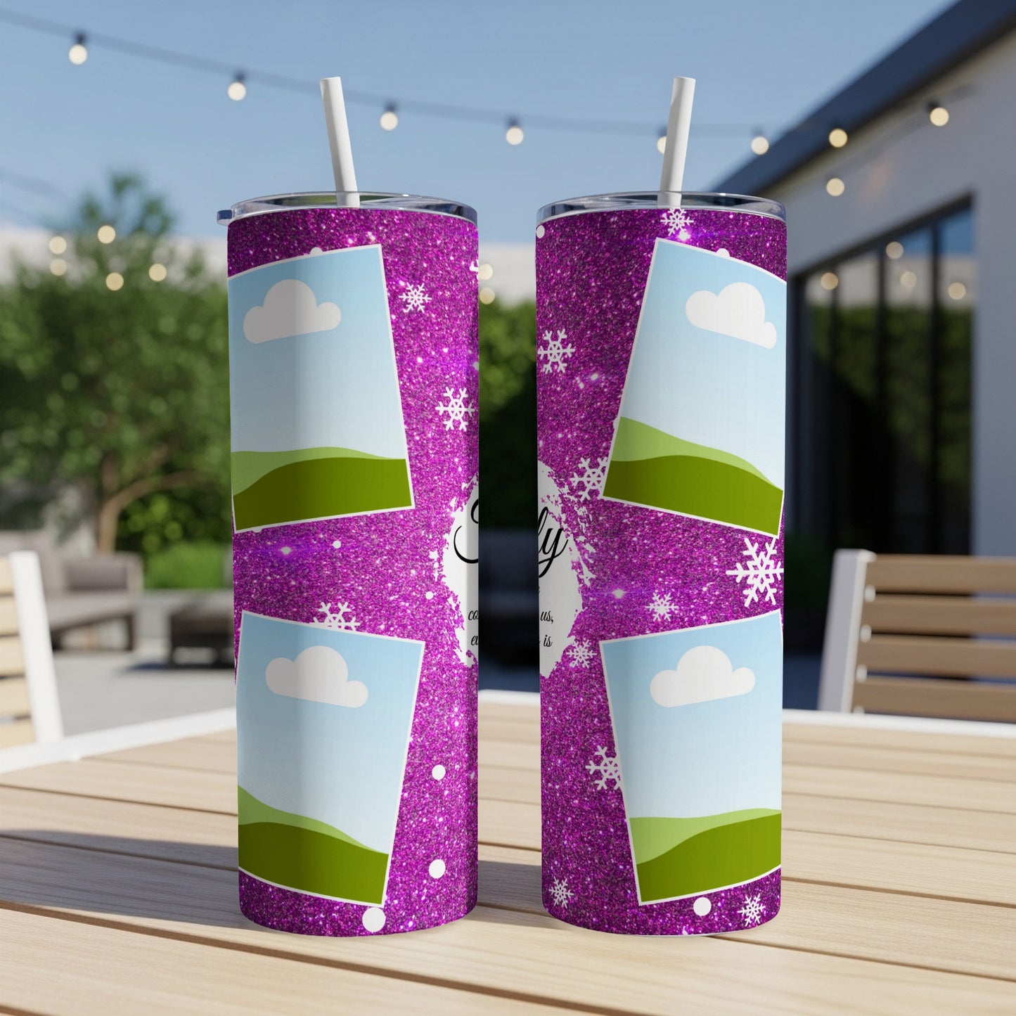 Purple glitter tumbler with clouds, snowflakes, and landscape photos.