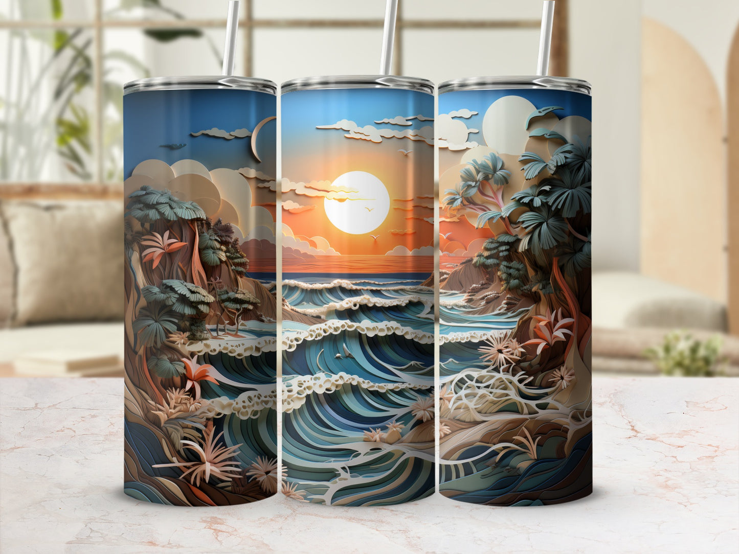 Three tumblers with a sunset over a rocky ocean landscape.