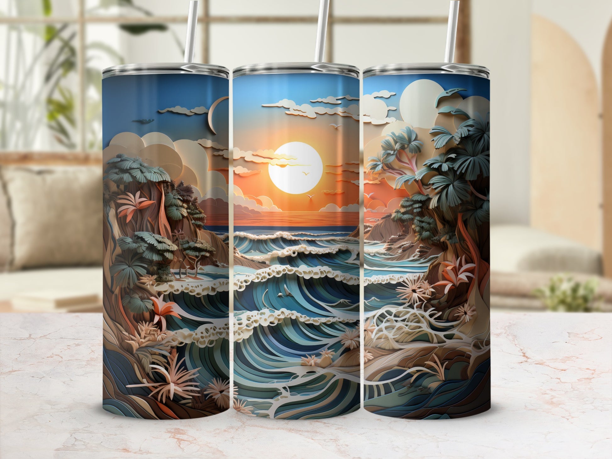 Three tumblers with a sunset over a rocky ocean landscape.