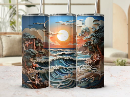 Three tumblers with a sunset over a rocky ocean landscape.