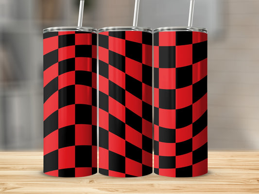 Three tumblers with a red and black checkered wavy pattern.