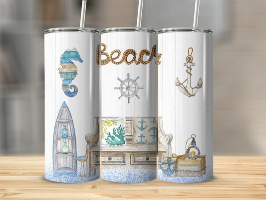 Beach-themed tumblers with seahorse, anchor, and boat designs.