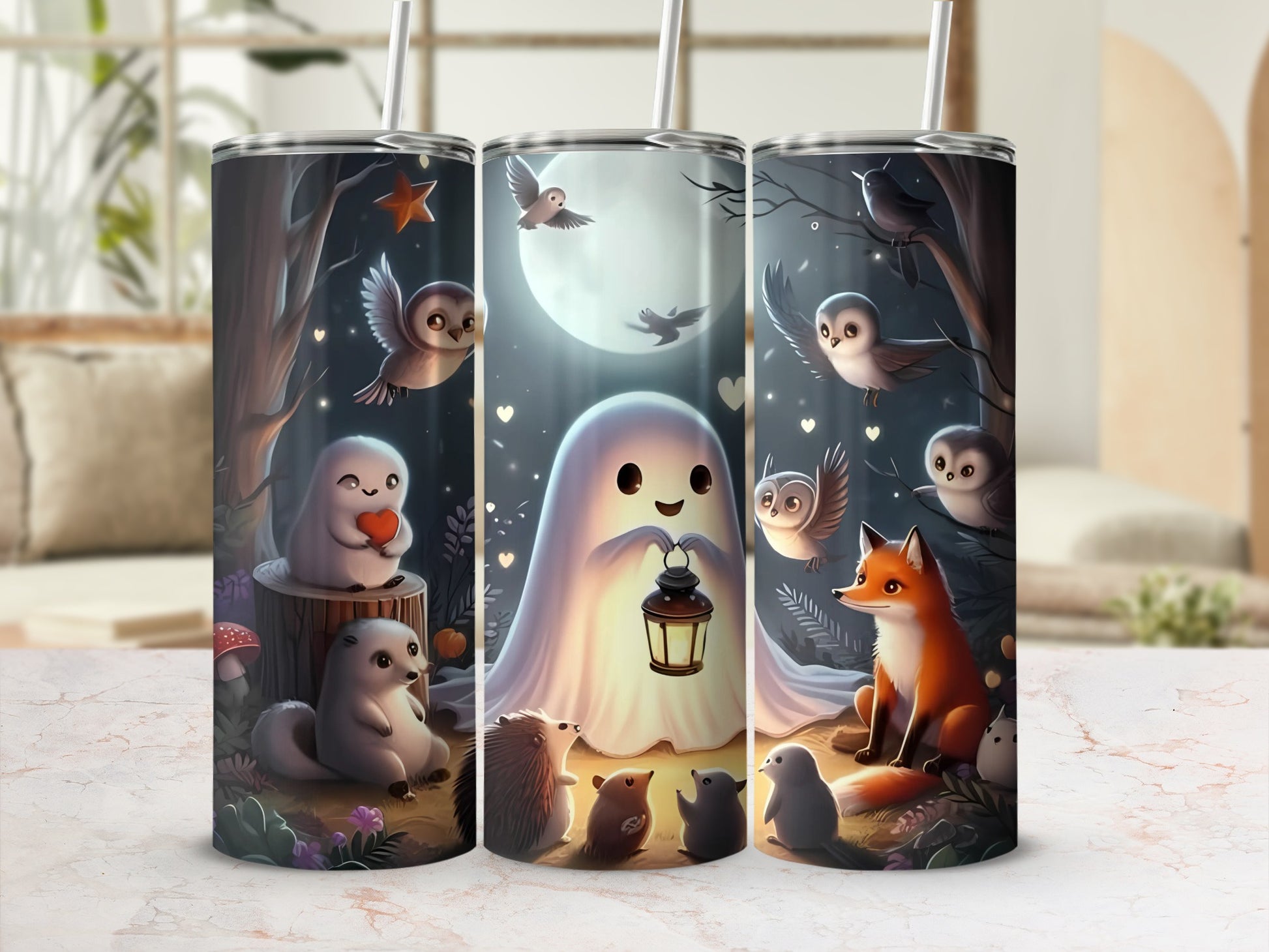 Tumbler with a ghost and forest animals under a full moon.