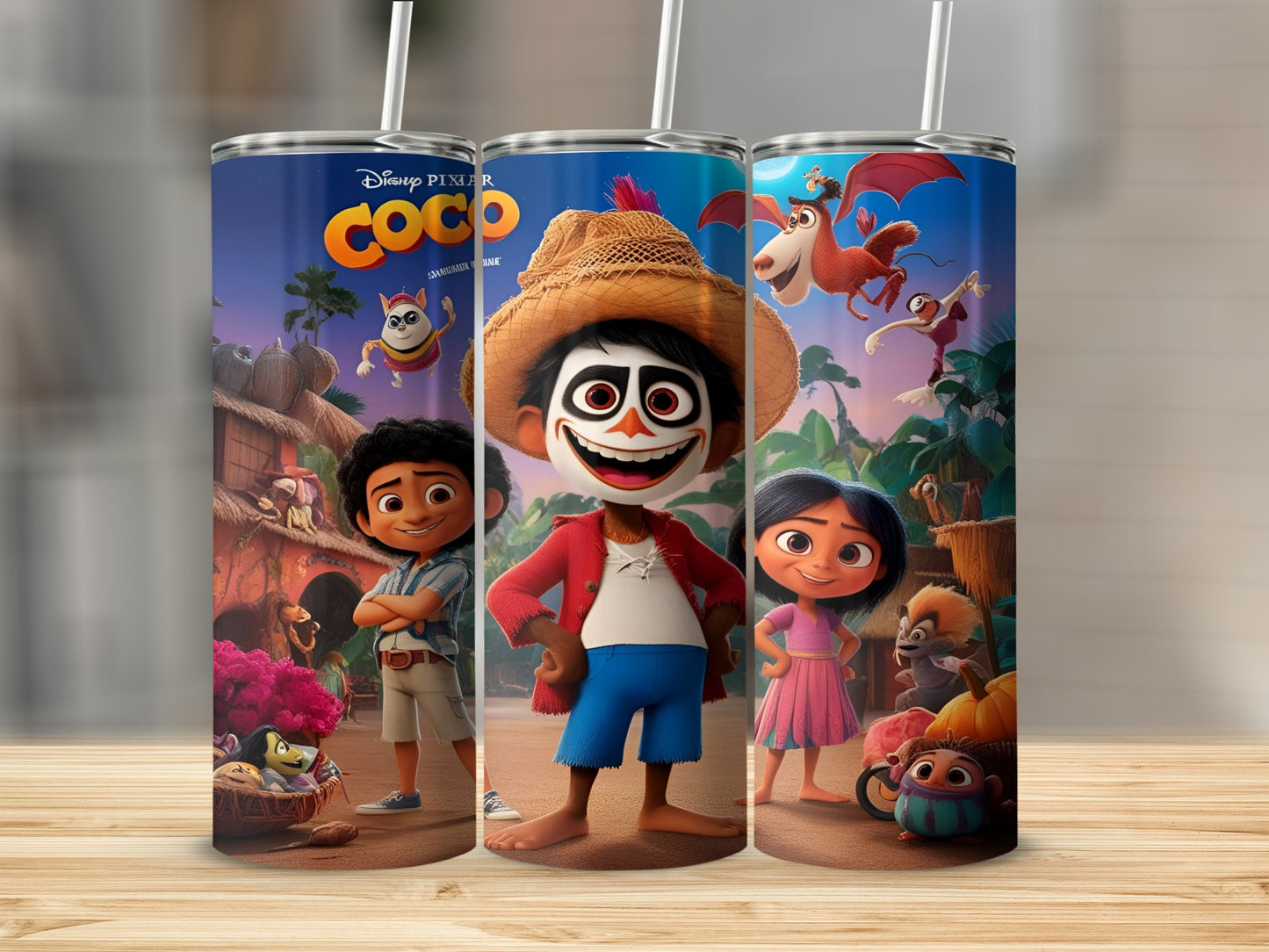 Disney Pixar Coco characters Miguel, Hector, and Imelda on a tumbler.