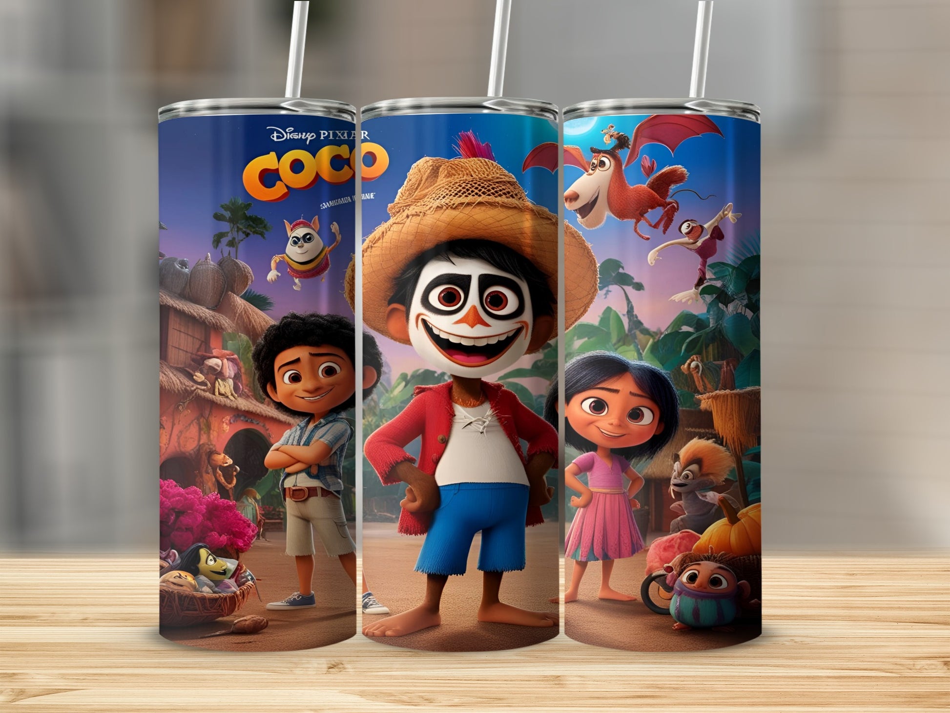 Disney Pixar Coco characters Miguel, Hector, and Imelda on a tumbler.