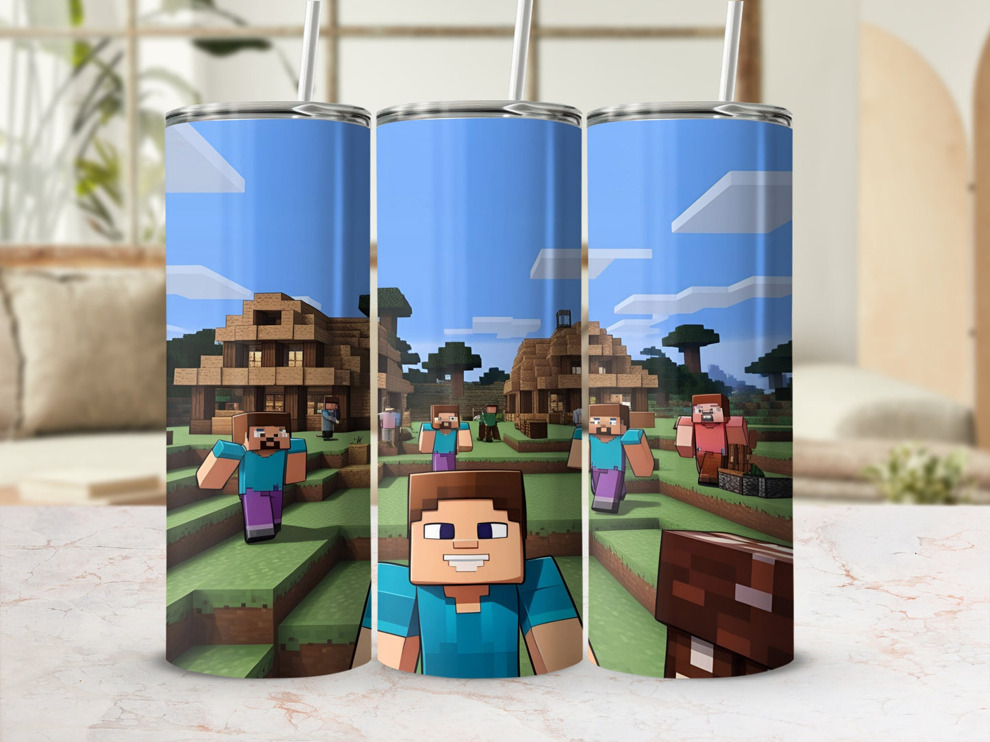 Minecraft-themed tumbler featuring Steve character and blocky landscape.