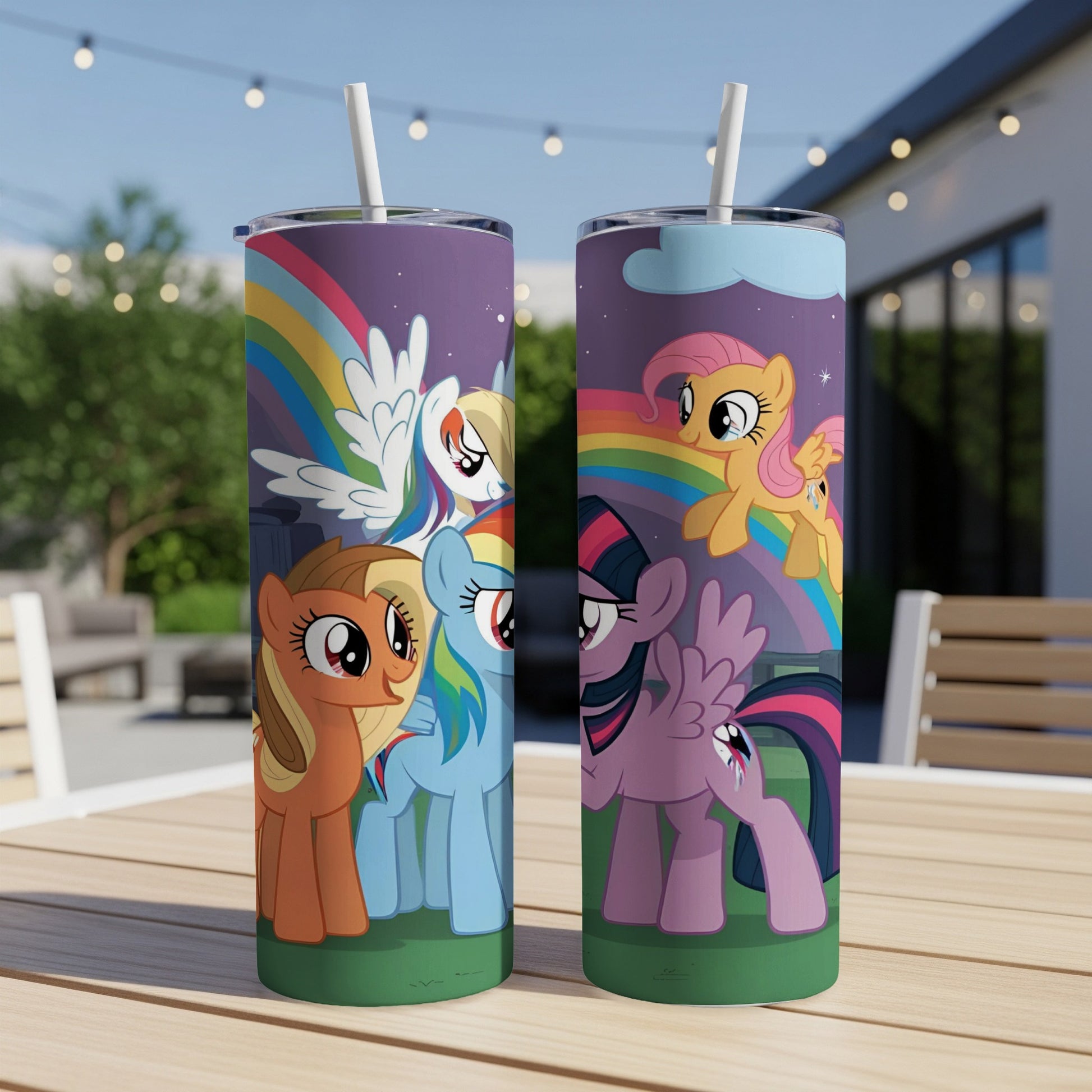 My Little Pony characters Rainbow Dash, Fluttershy, Twilight Sparkle, and Applejack on a tumbler.