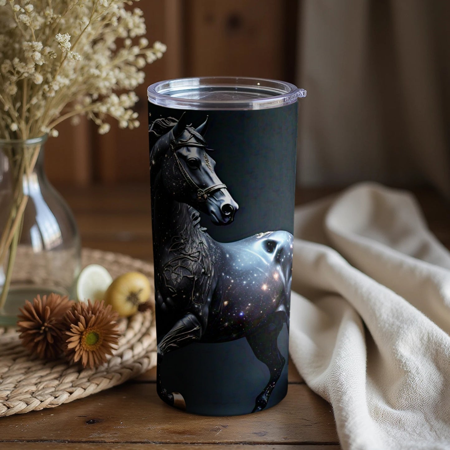 Black Horse Galaxy Print Insulated Tumbler Cup