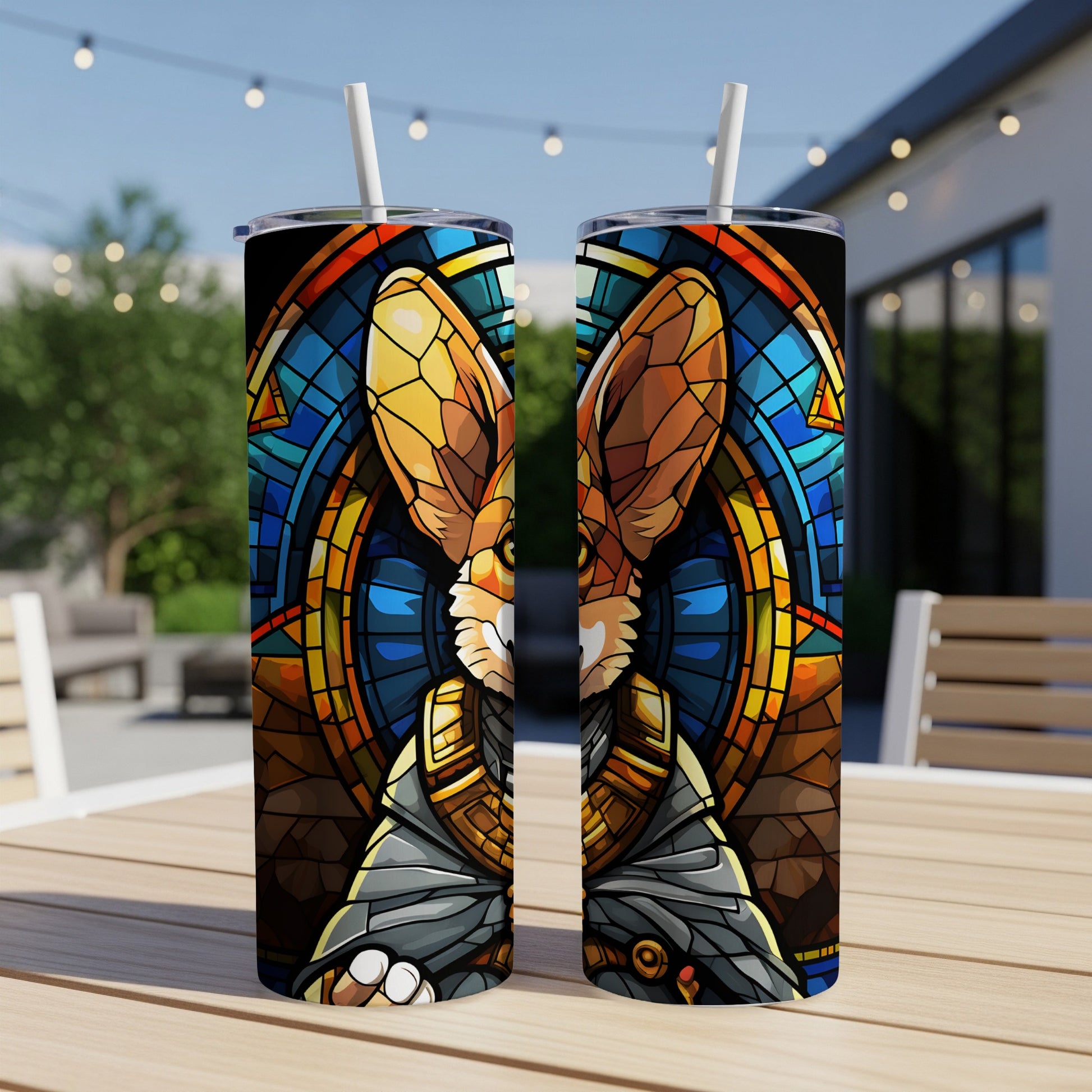 Two tumblers featuring a stained-glass style rabbit with large ears on a wooden table.