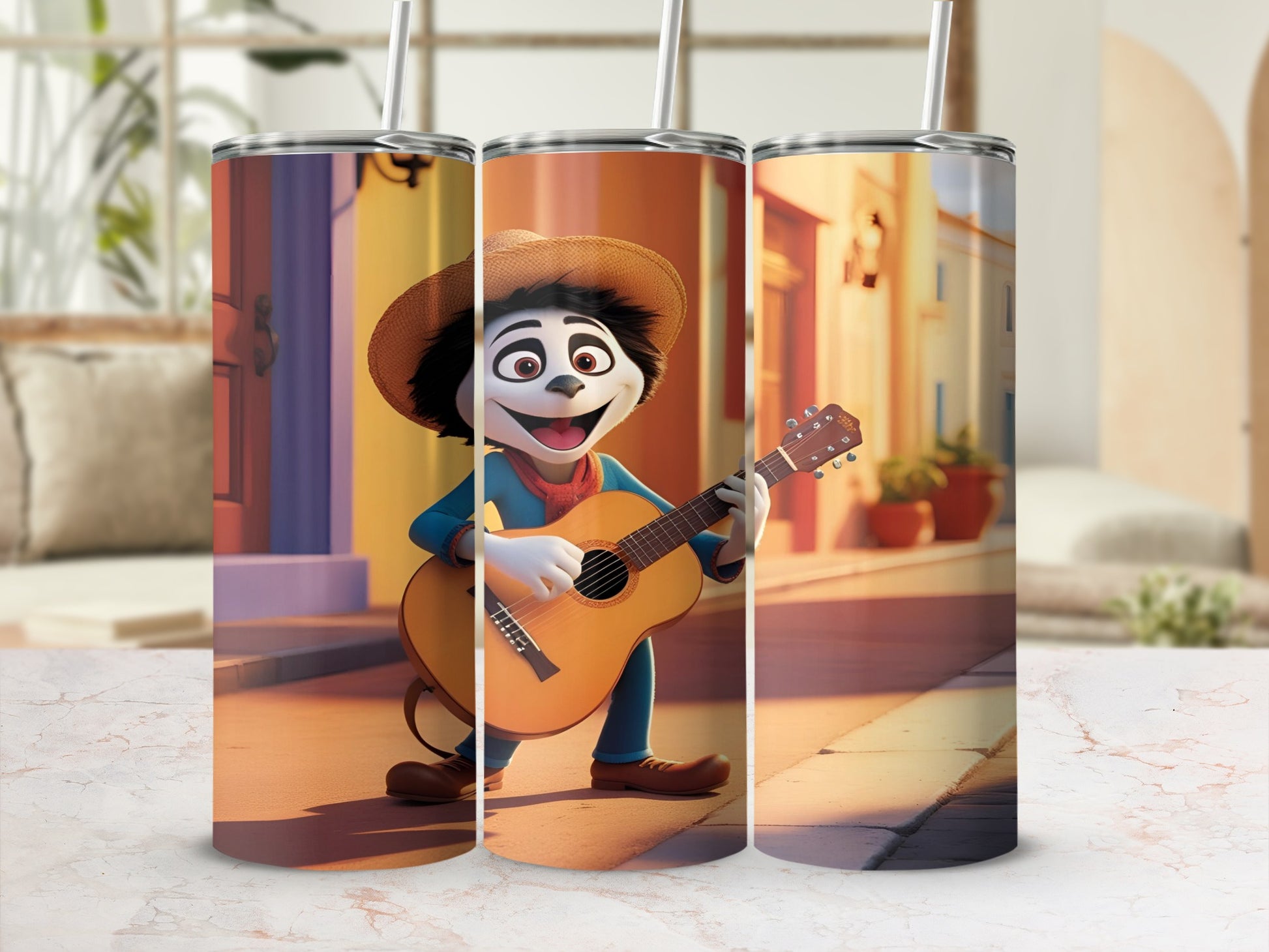 Cartoon character in a hat playing a guitar, presented on a tumbler.