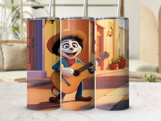 Cartoon character in a hat playing a guitar, presented on a tumbler.