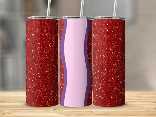 Three glitter tumblers with purple wavy design in the middle.