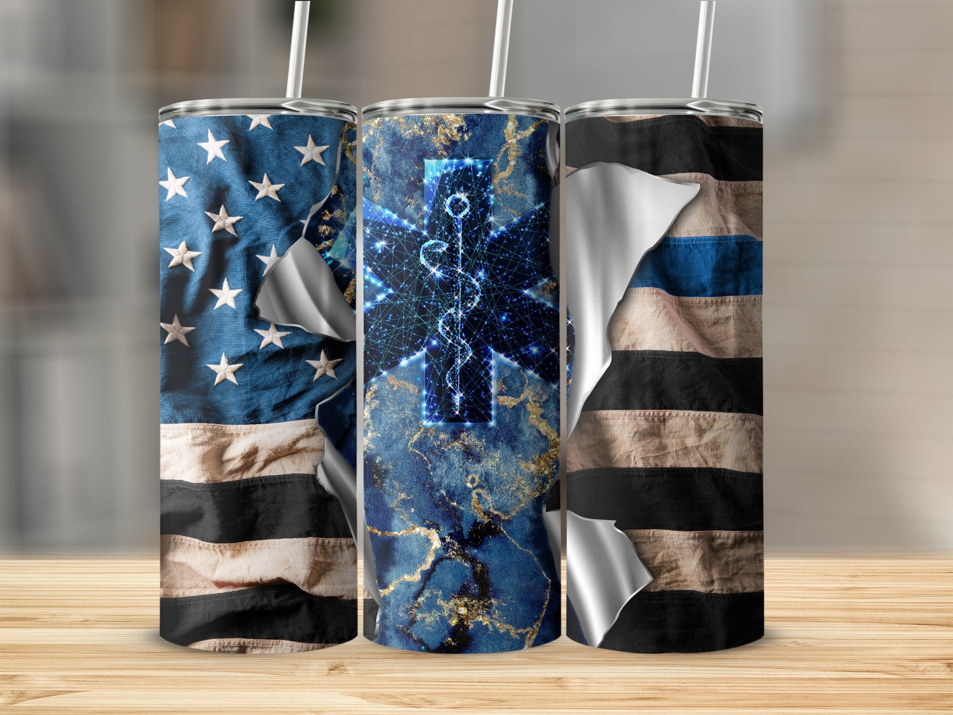 American flag and blue marble tumbler with medical symbol.