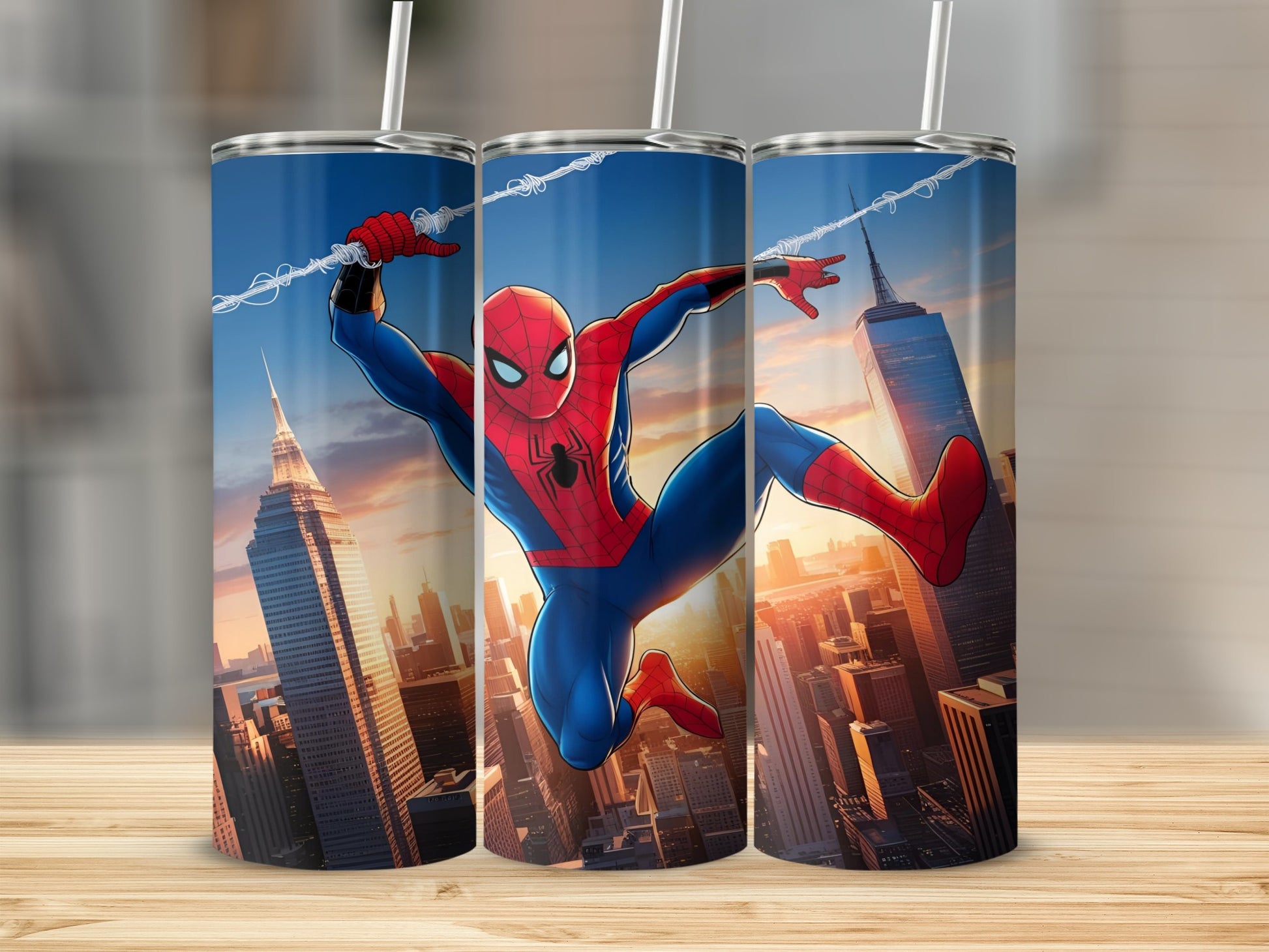 Spiderman in a dynamic pose swings through a cityscape.