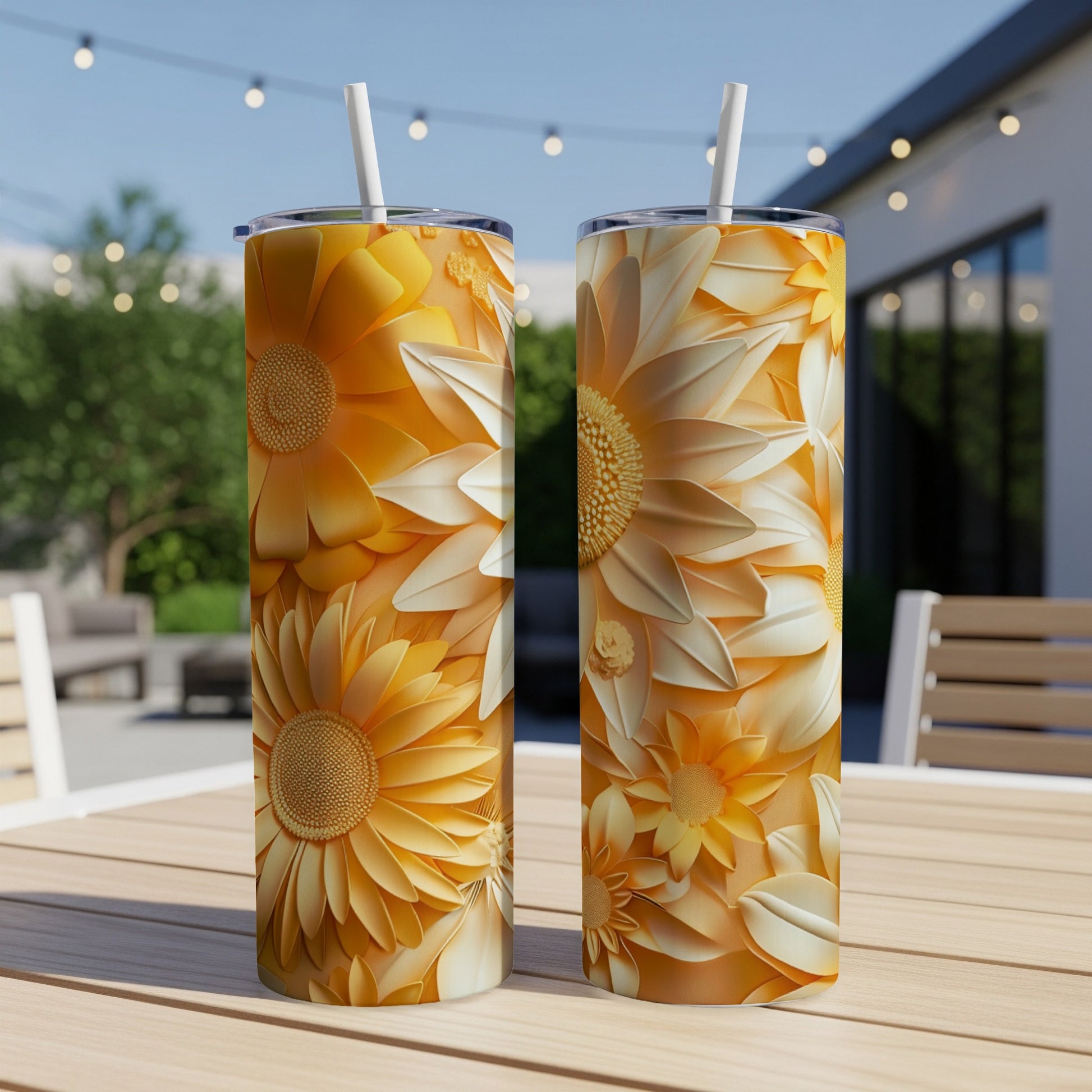 Two tall tumblers with a vibrant orange sunflower floral design.