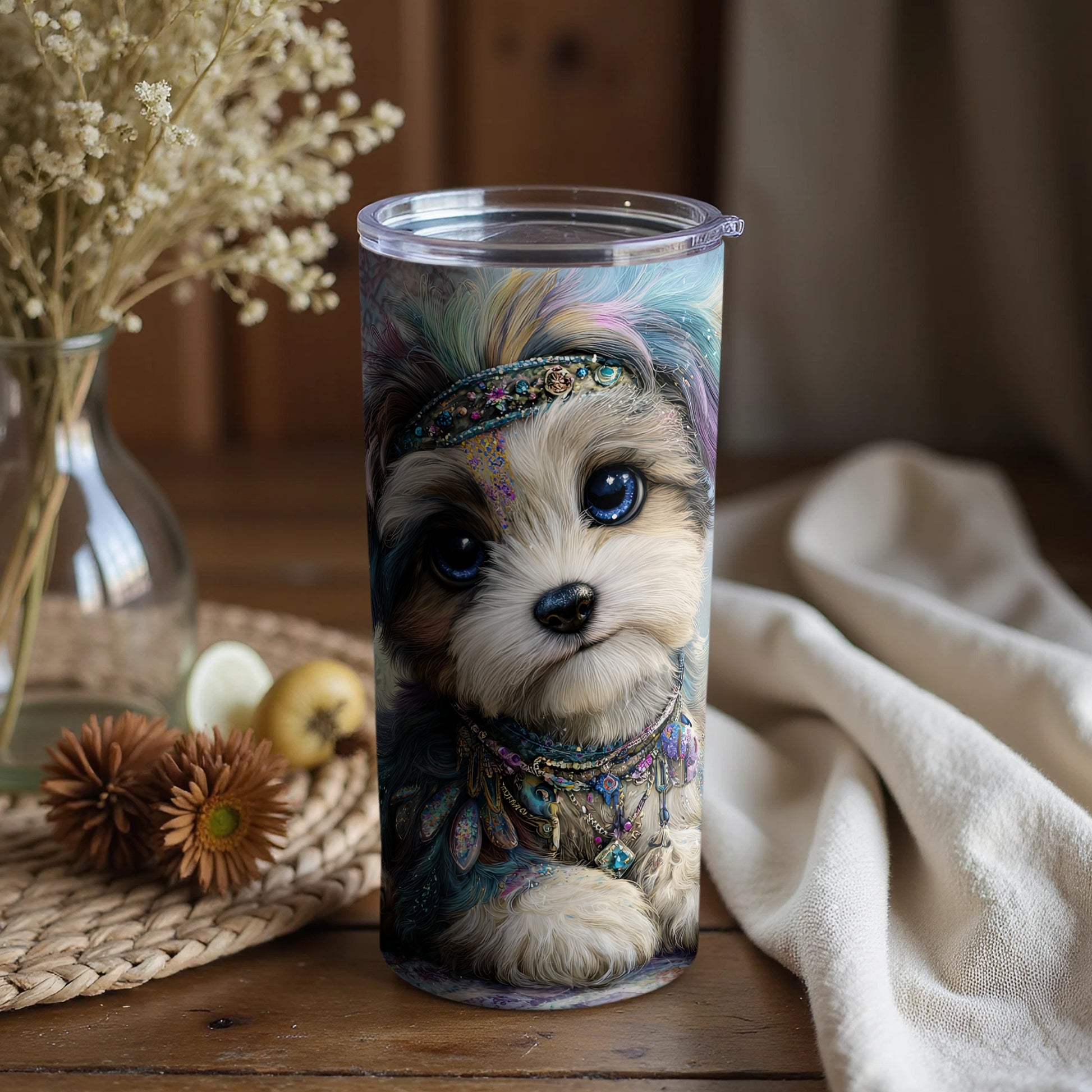 Adorable Puppy Design Insulated Tumbler Cup with Straw