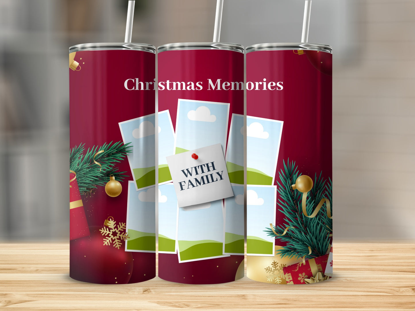 Christmas Memories tumbler with photo frames, pine branches, and ornaments.