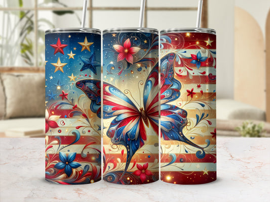 Stars, stripes, and patriotic butterfly design on three tumblers.