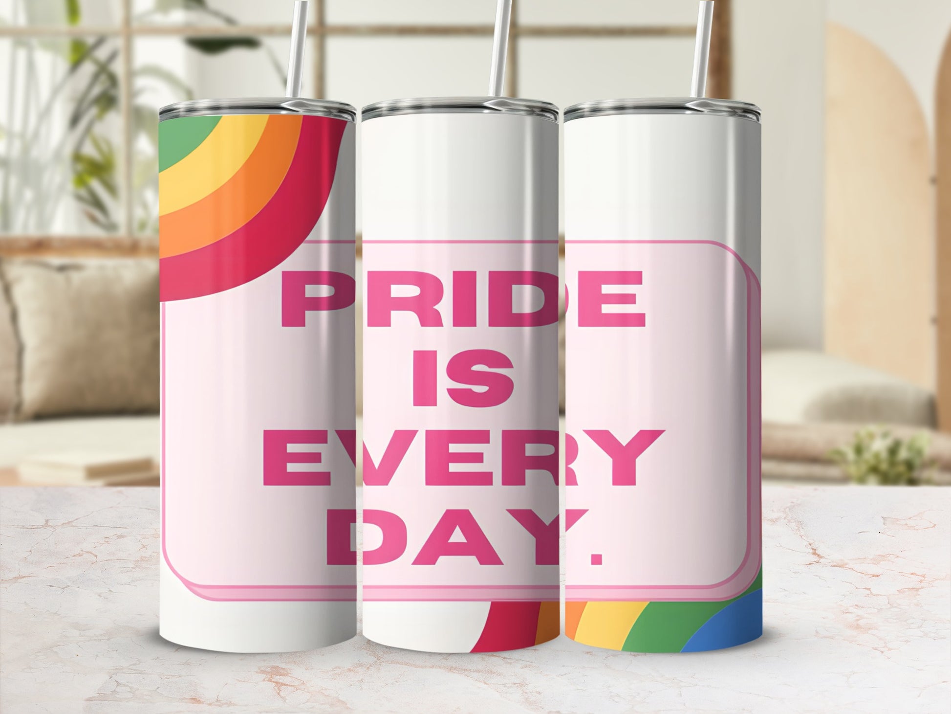 Pride is Every Day tumbler with rainbow accents.