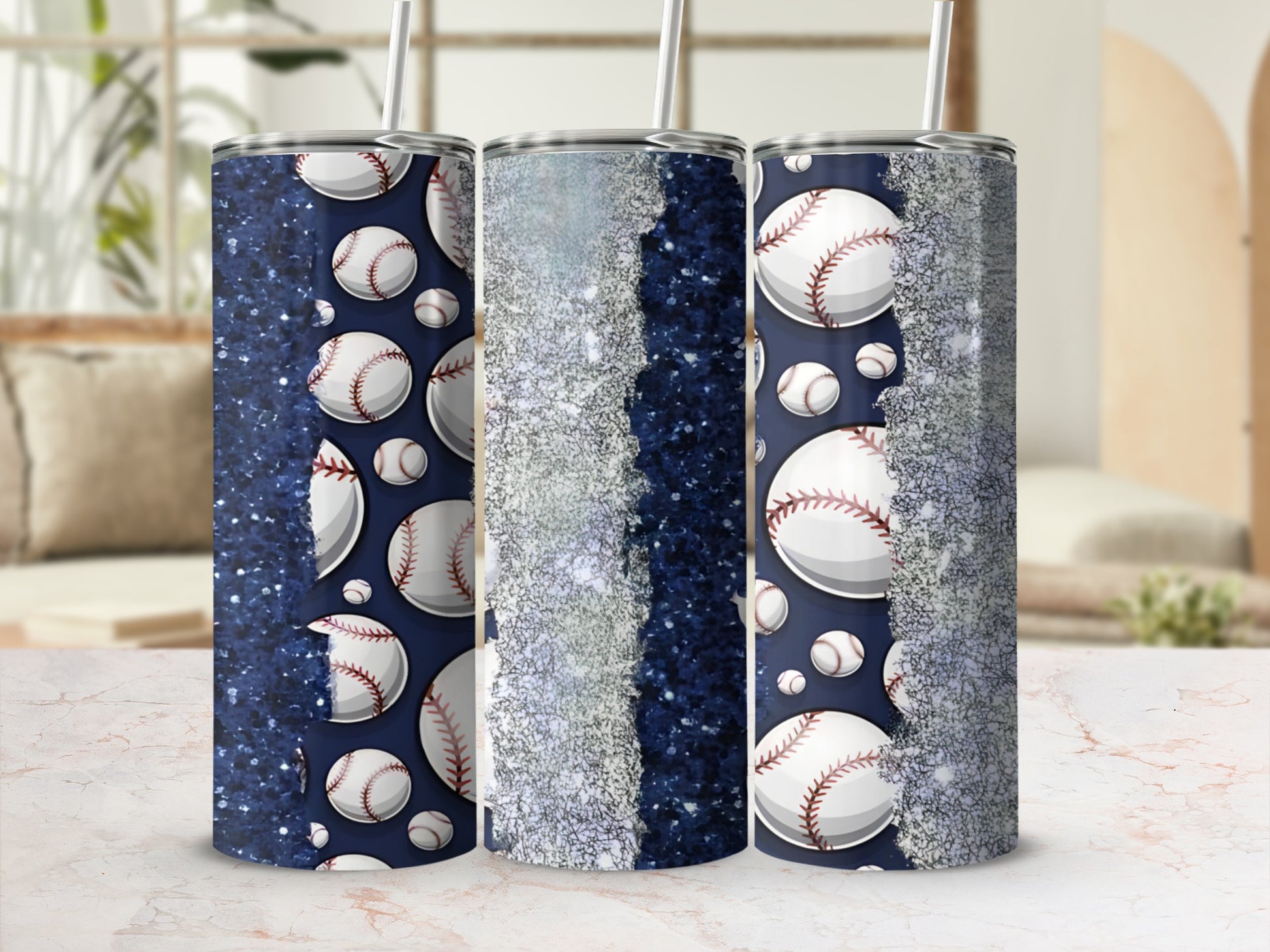 Three baseball-themed tumblers with glitter and blue backgrounds.