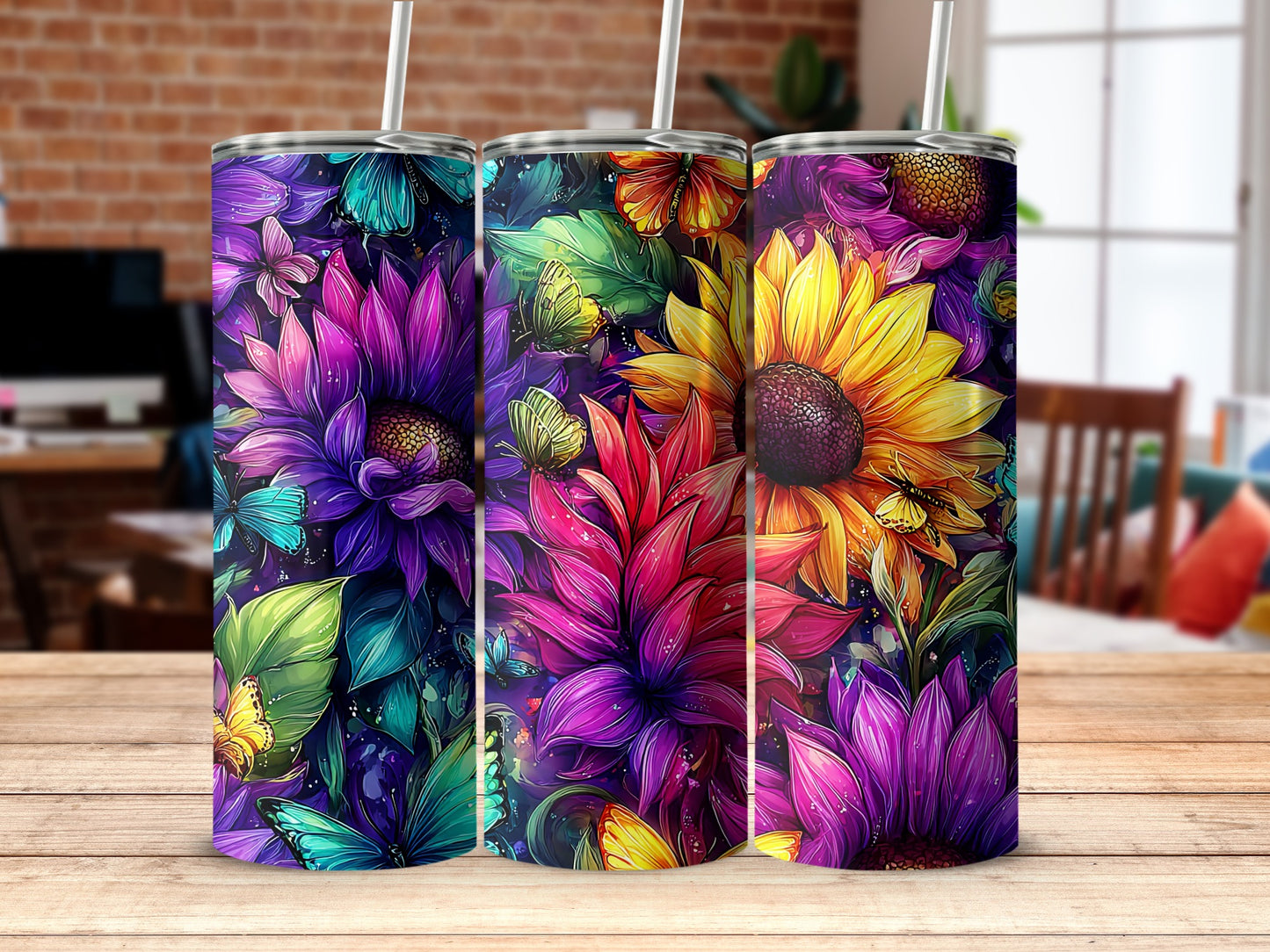 Vibrant Floral Tumbler with Butterfly Design Tumbler