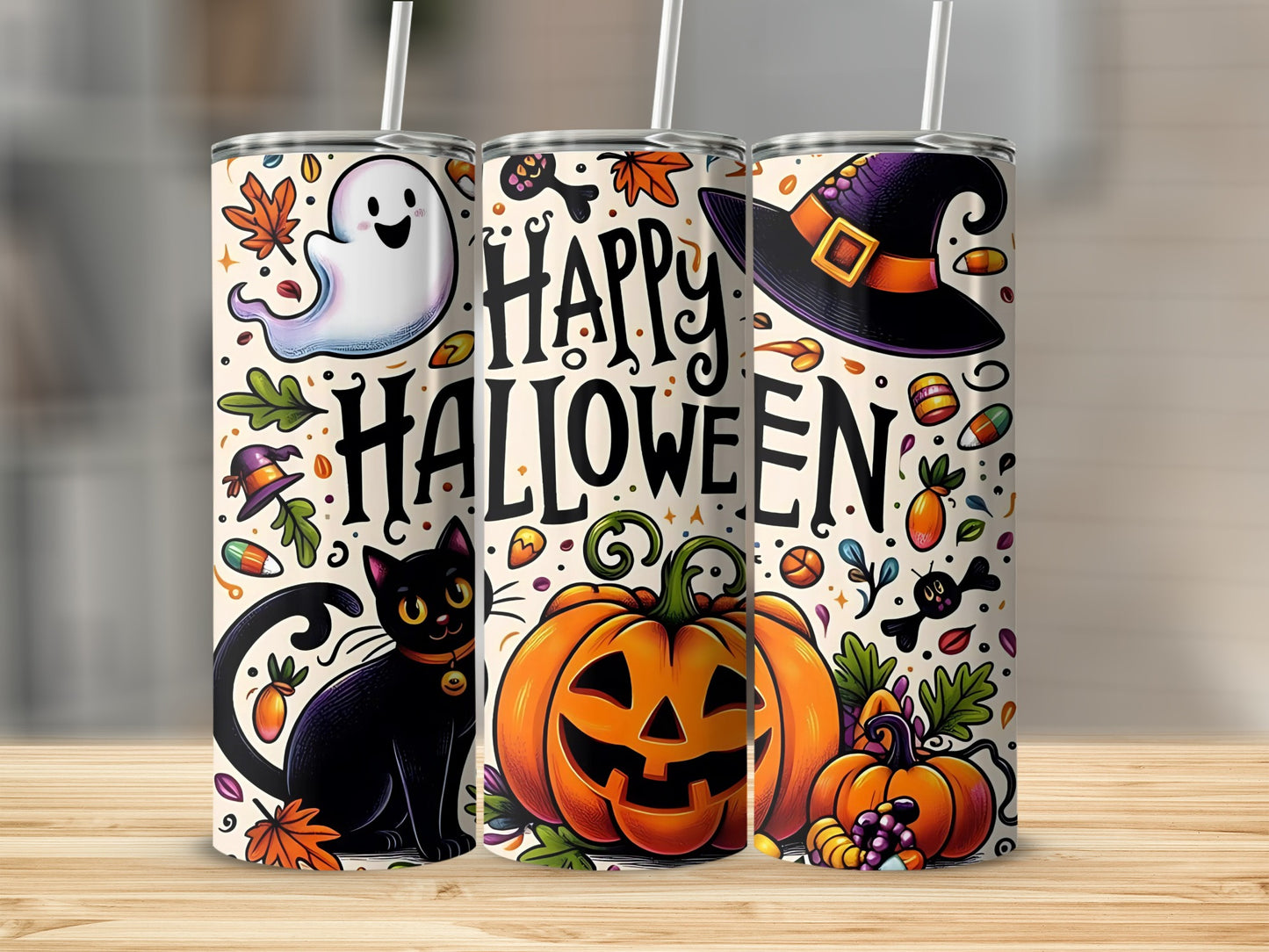 Three tumblers with a "Happy Halloween" theme featuring a ghost, black cat, pumpkins, and witch hat.