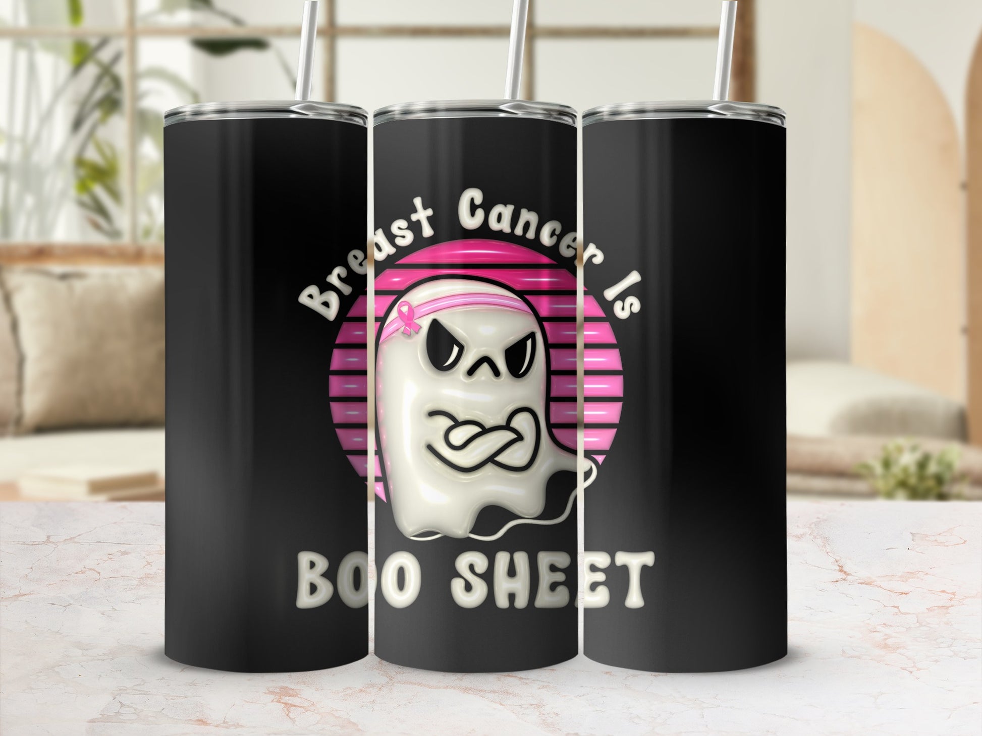 Breast Cancer Is Boo Sheet pink ribbon ghost tumbler.