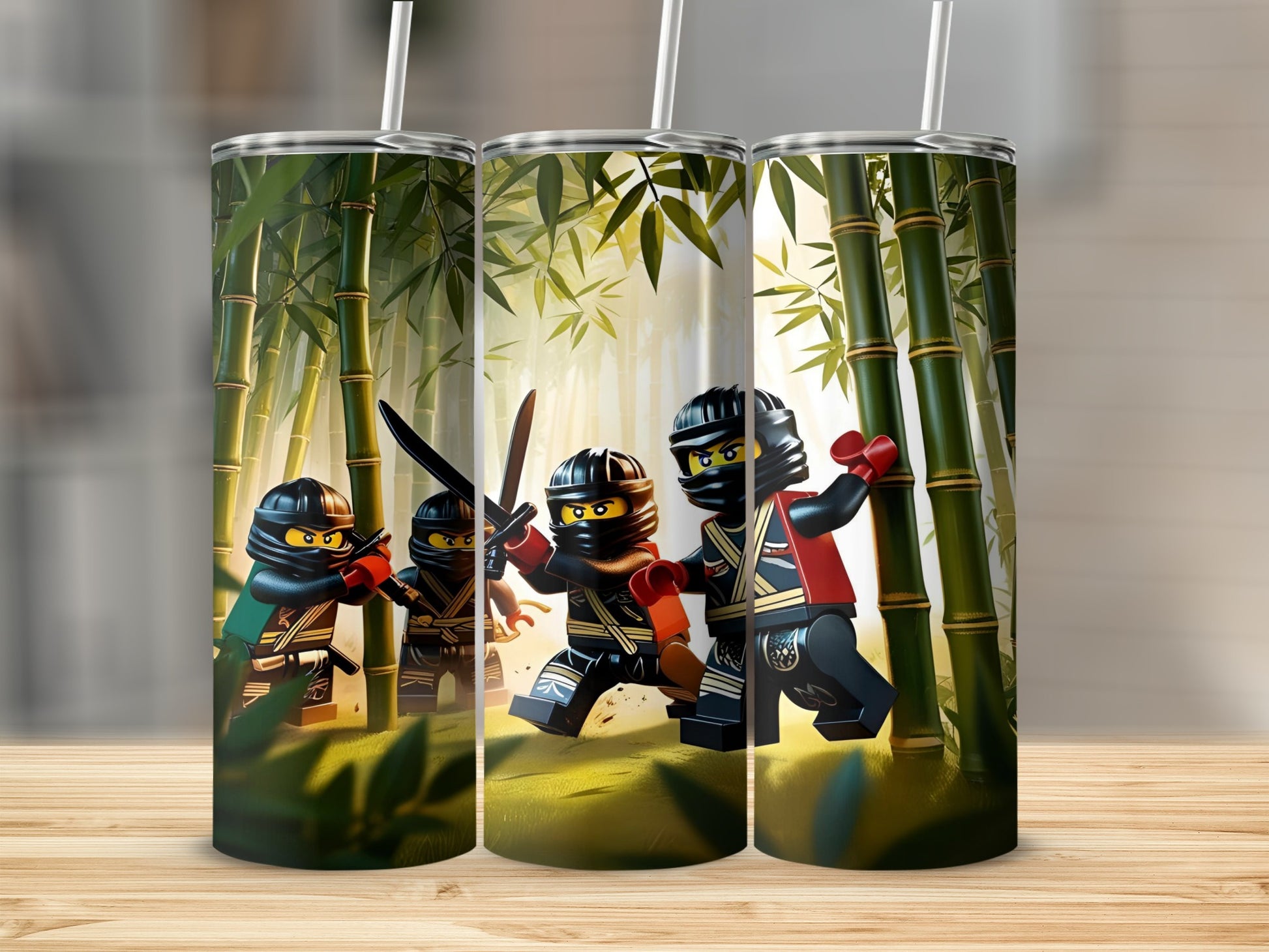 Three Ninjago characters in a bamboo forest, two holding swords.
