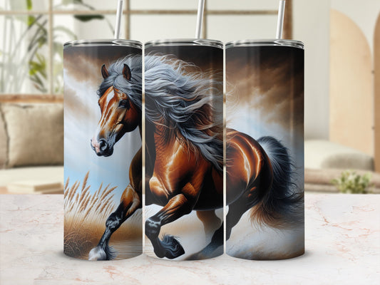Horse galloping through grass with flowing mane and tail.