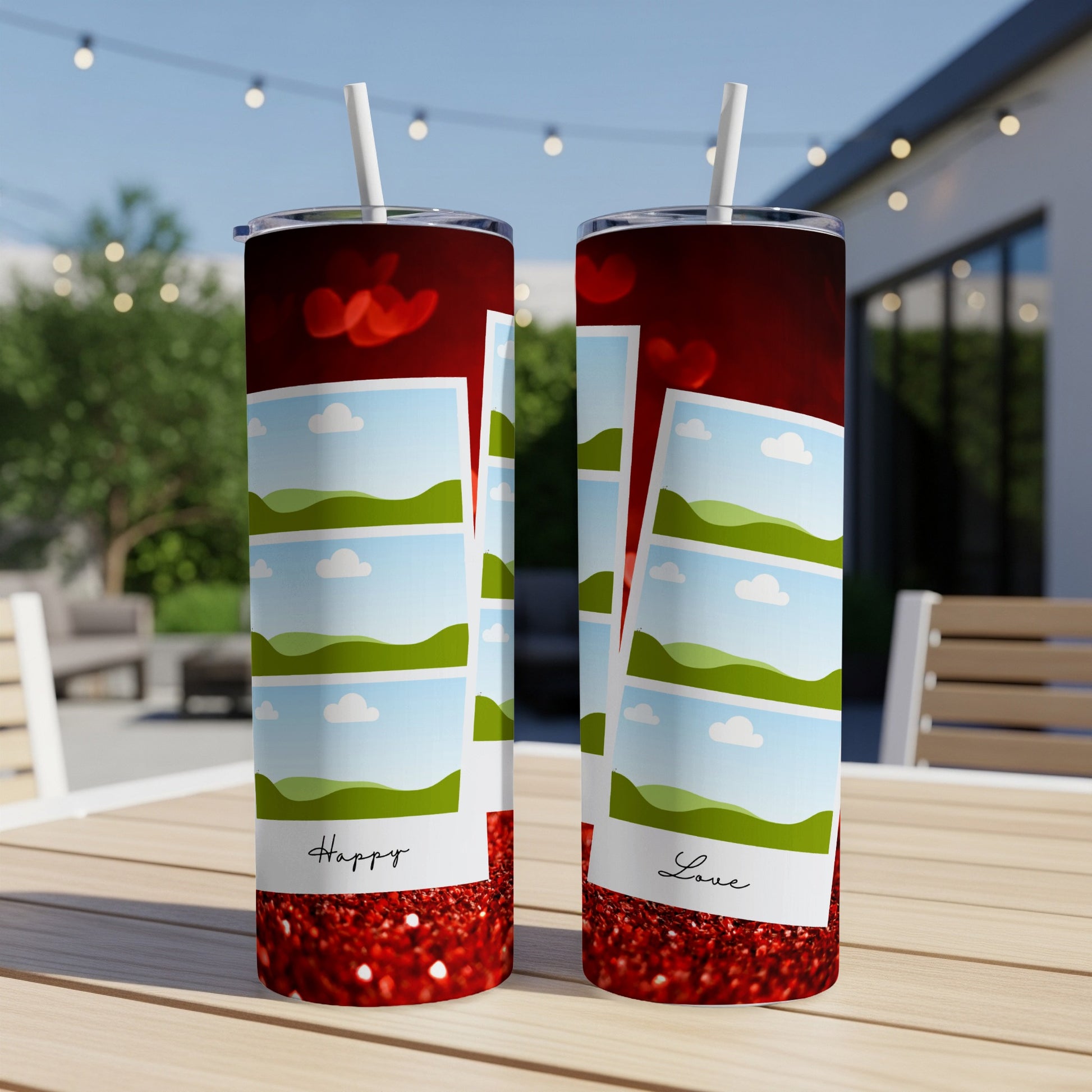 Two tumblers with stackable landscape photos, "Happy" and "Love" text.