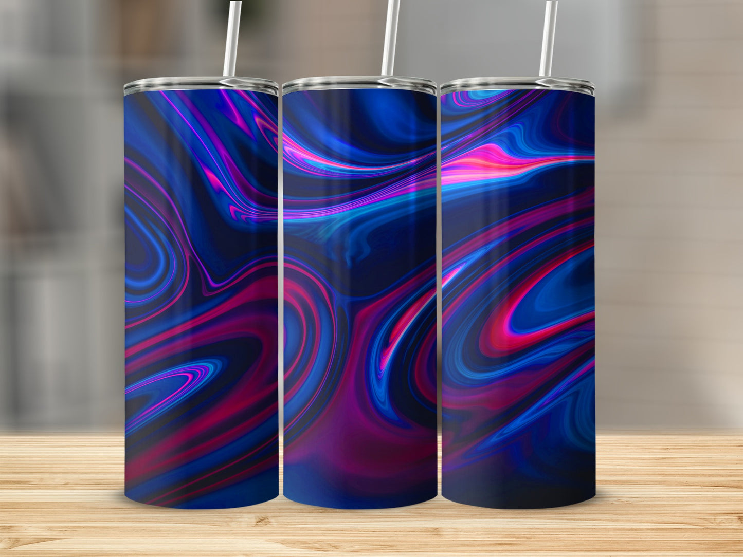 Abstract Swirls Of Dark Blues and Pinks Neon Art Tumblers