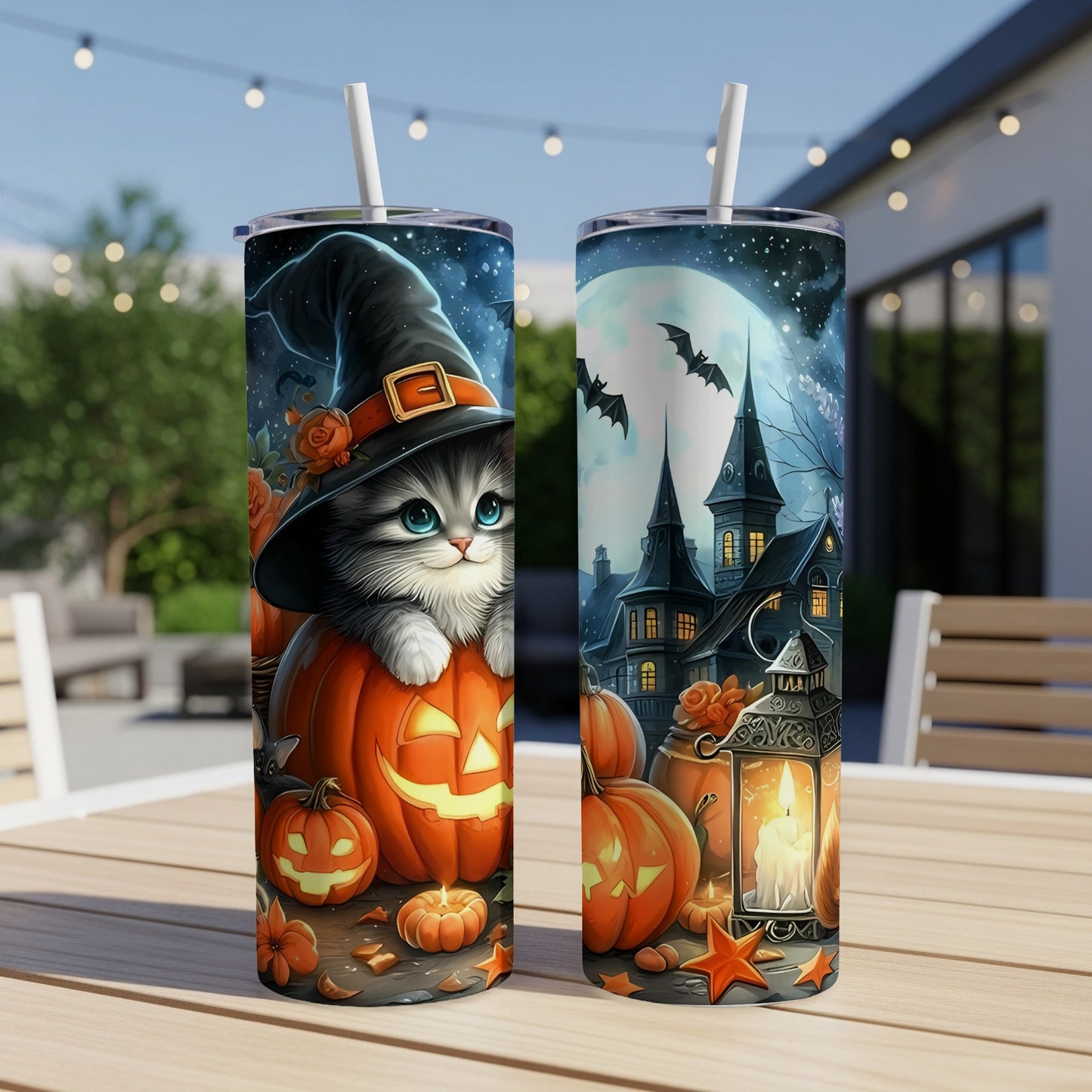 Two Halloween-themed tumblers featuring a kitten in a witch hat and a spooky castle.