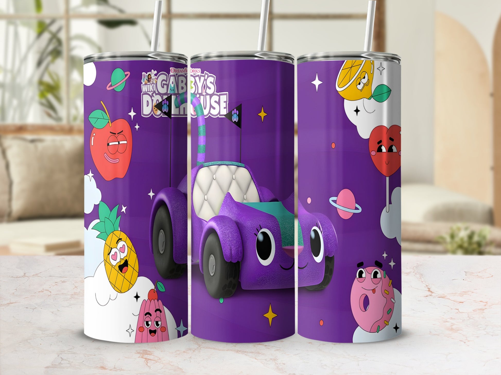 Purple car with character face on purple tumbler with fruit and planet graphics.