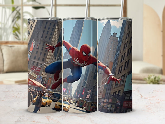 Spider-Man Swinging Through City Scene Tumbler Cup