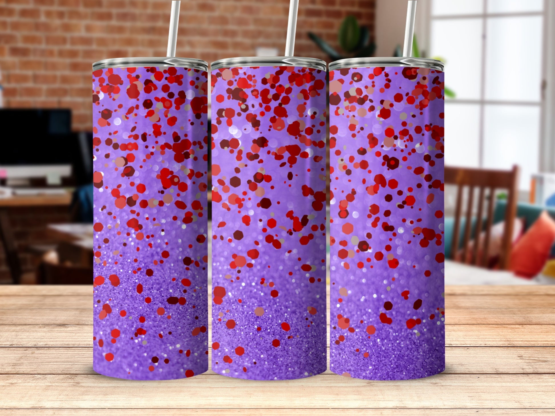 Purple and Red Glitter Confetti Tumbler Design