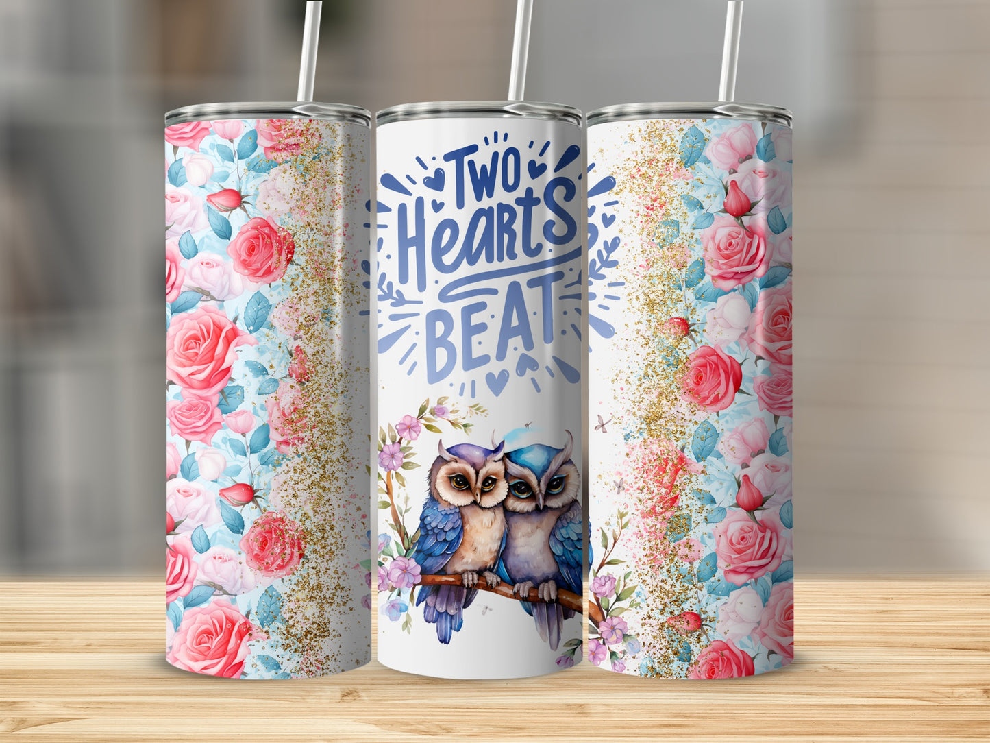 Two Hearts Beat Owl and Floral Design Tumbler