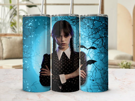 Spooky Blue Tumbler with Wednesday Addams Print Product