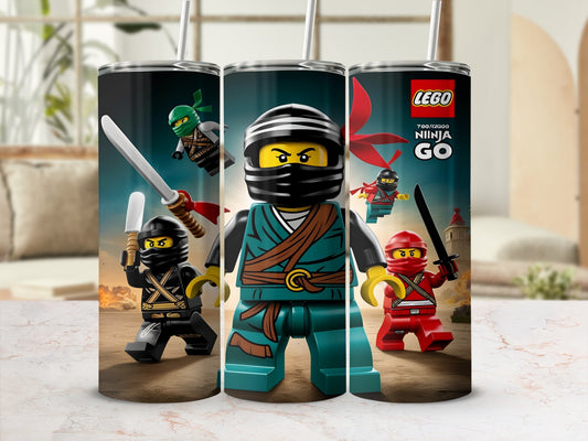 LEGO Ninjago characters Kai, Zane, and Nya on a tumbler.